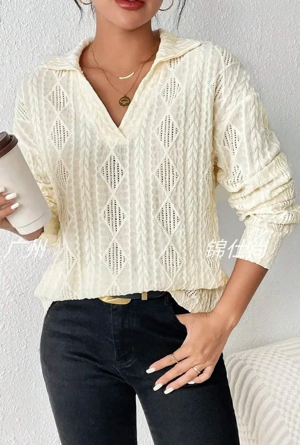 

Fashionable Women's Style Tops Solid Color Casual Daily Loose Hollow Diamond Grid Spring Summer Top Long-sleeved Lapel T-shirt