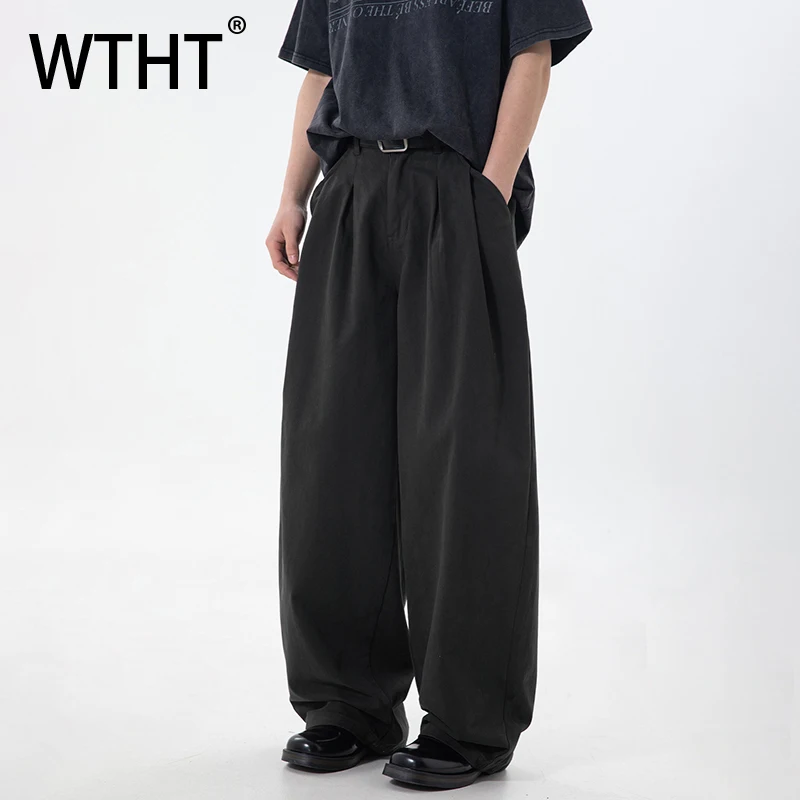 

WTHT Fashion Trendy Men's Solid Color Pleated Design Blazer Pants Vintage Korean-style Loose Trousers Male 2026 Spring 2A2707