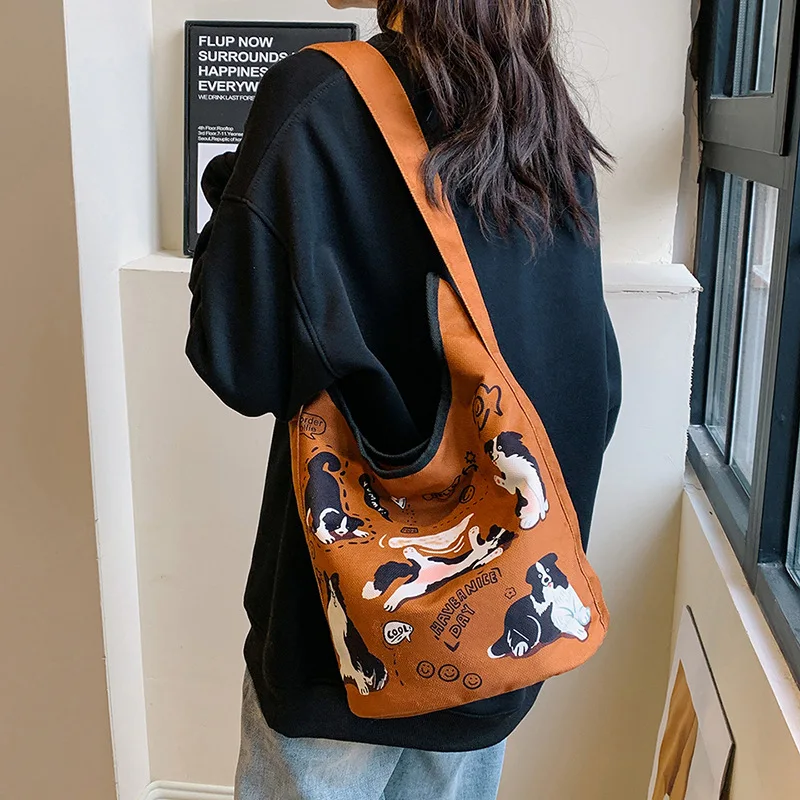 Vintage Shoulder Bag NEW Korean Style Cute Dog Print Fashion Large Capacity Casual Canvas Purses and Handbags Commute All-match