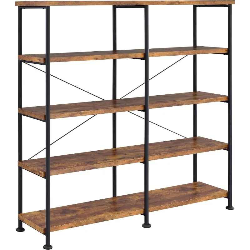 Analiese Rustic Industrial 4-Tier Double Bookcase Etagere Bookshelf Office Storage Book Shelf Engineered Eco-Friendly