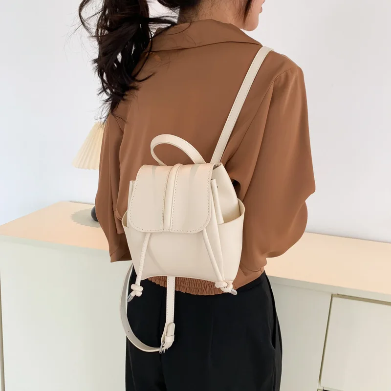 Soft PU Double Shoulder Backpack Women Korean Fashion Casual Solid Color Simple Mini Backpack Drawstring Buckle Cute Backpack