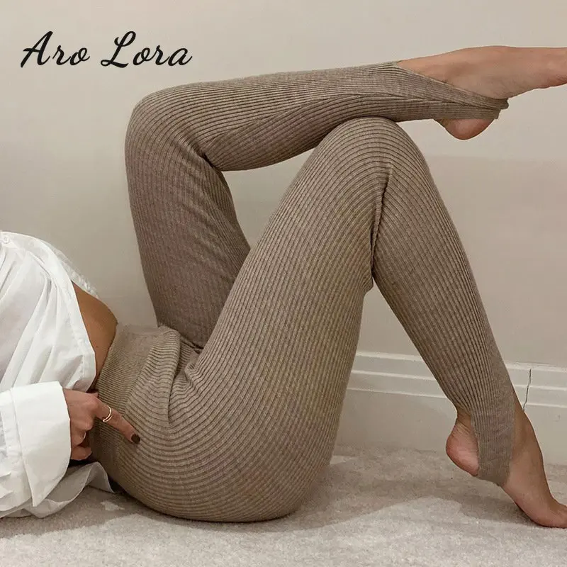 Aro Lora Beige Ribbed Knit Leggings Women High Waist Cotton Fitness Basic Pants Casual Autumn All-Match Female Skinny Leggings