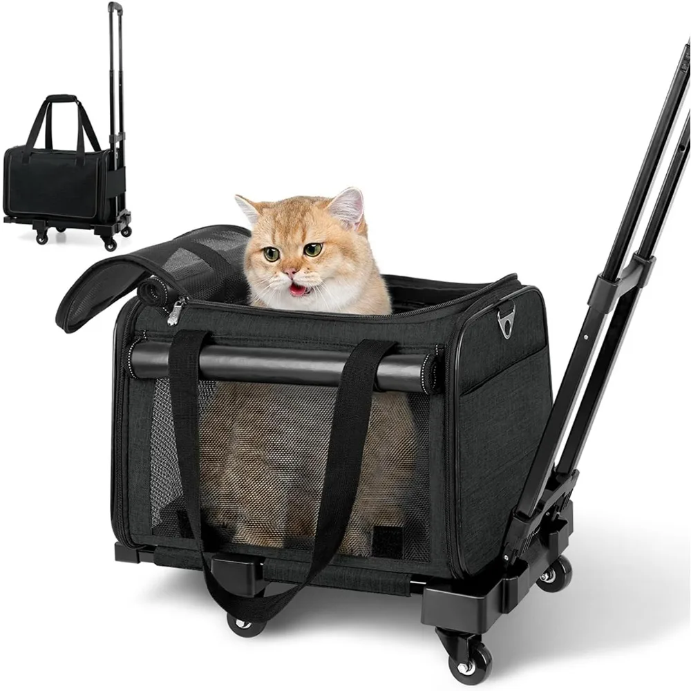 

25lbs Cat Carrier with Wheels Lightproof Airline Approved, Dog Carrier for Small Dog, Pet Carrier with Two Pocket, Dogs Carriers