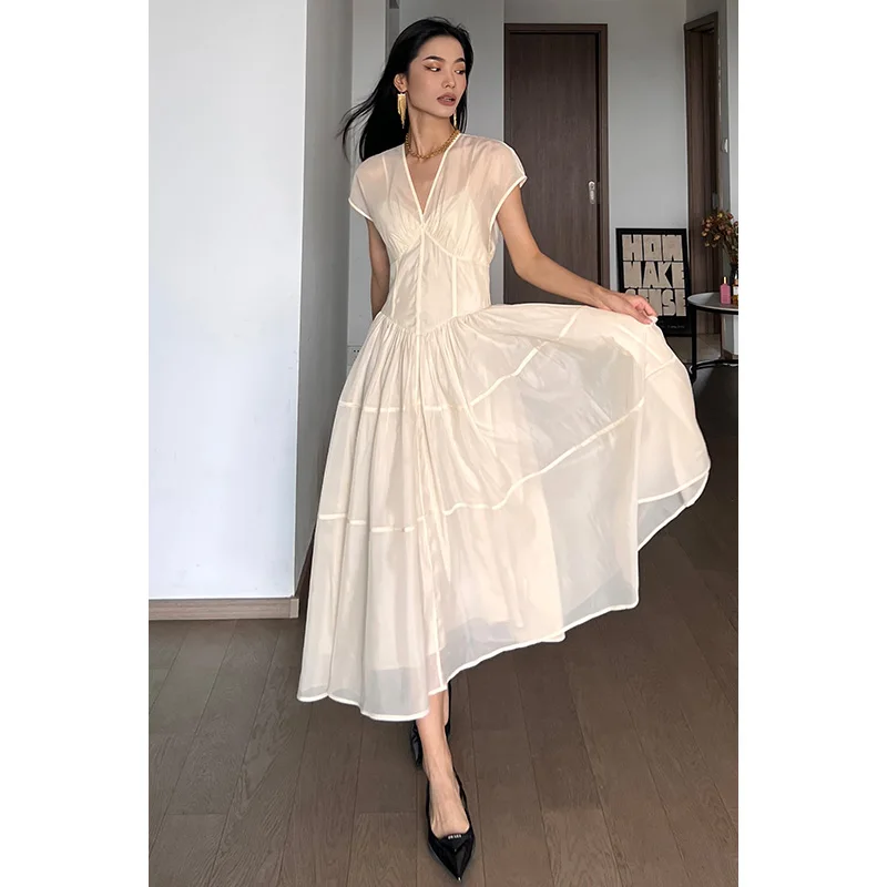 

Vintage Women V Neck Cloak Sleeveless Pleated Long Dress 2024 Summer Vestido Feminino Solid Color Midi Basic Dress High Quality