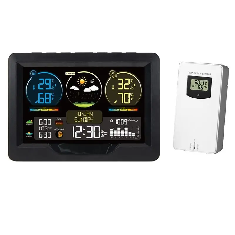 GTBL Weather Station Digital Alarm Clock With Color Screen Indoor And Outdoor Temperature Humidity Meter Desk Clocks