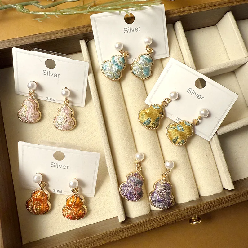 Song Brocade Gourd Earrings Women S925 Silver Needle Pearl New Chinese Guochao ICH Handmade Hanfu Cheongsam Exquisite Accessory