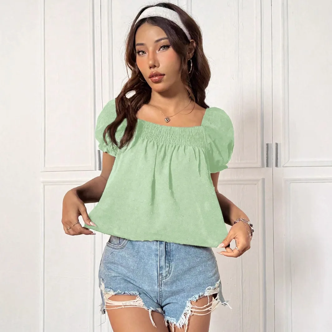 Summer Women's ort Top Sweet Sle Loose Fit Bubble Sve Pure Color irt Polyester Nylon Material Square Collar Design