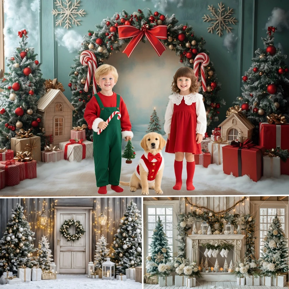 

Christmas White Fireplace Photography Backdrop Red Garland Xmas Tree Candles Background Winter Retro Room Family Photo Studio
