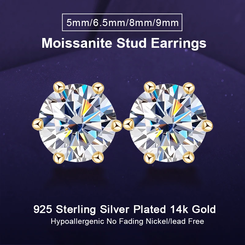 

IOGOU 100% 925 Sterling Silver Moissanite Stud Earrings for Women Men Sparkling 5mm/6.5mm/8mm/9mm Lab Diamond Piercing Ear Studs
