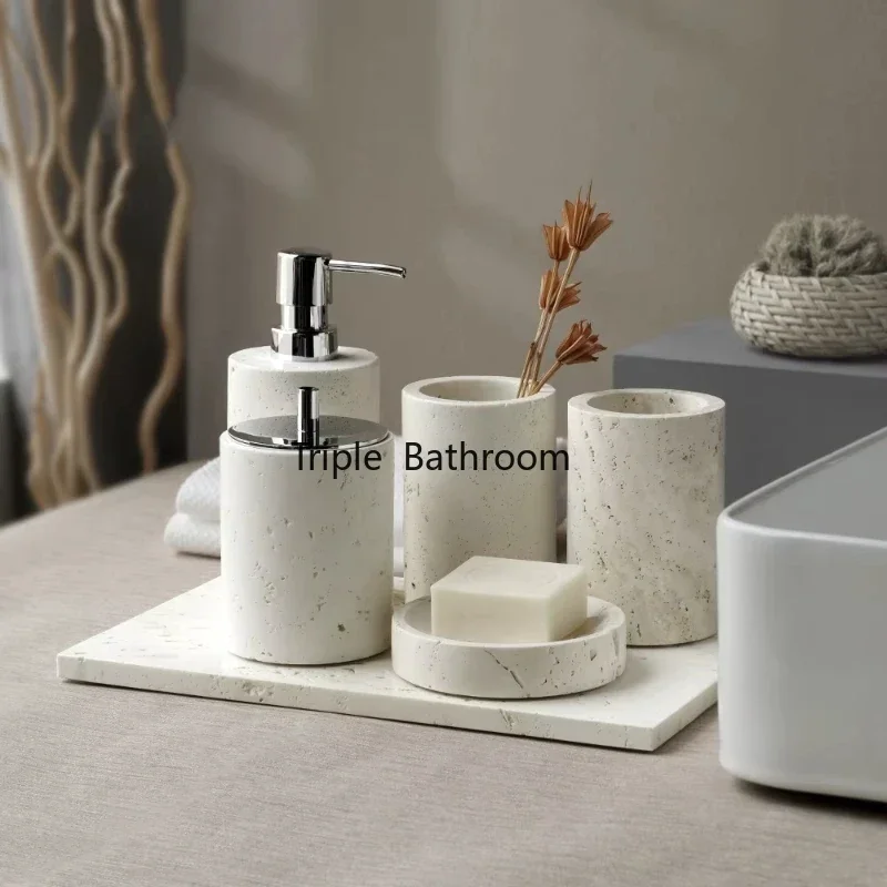 Beige Travertine Bathroom Toiletries Ture Natural Stone Soap Dispenser Toothbrush Holder Tray Tissue Box Bathroom Accessories
