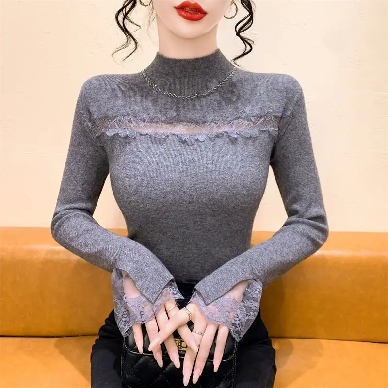 Temperament Lace Patchwork Hollow Out Slim Sweaters Autumn Winter Long Sleeve Solid Elegant Pullovers Sexy Fashion Women Clothes