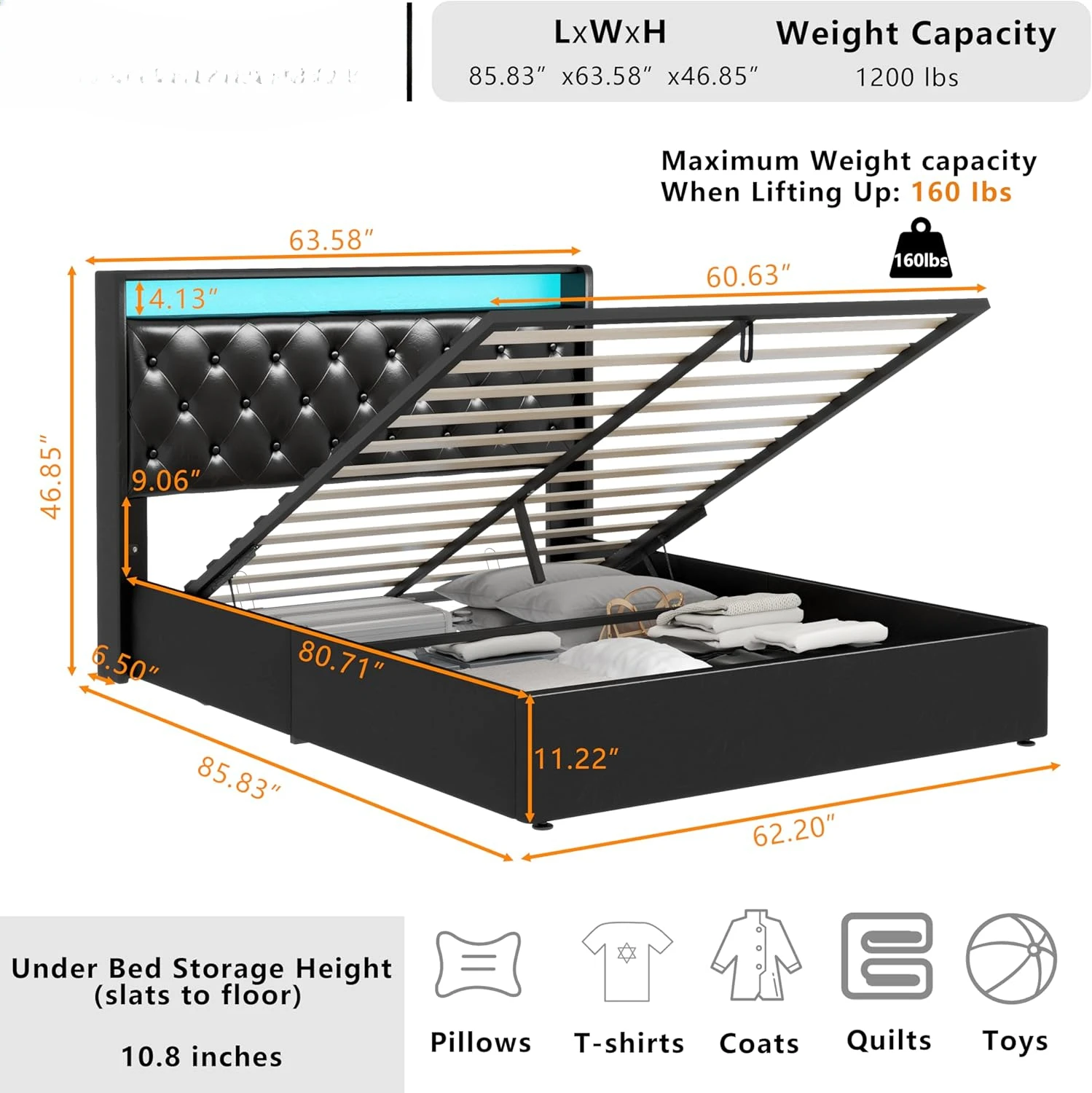 Lift Up Bed Frame with Charging Station&LED Lights,Leather Upholstered Bed with Button Wingback Storage Headboard