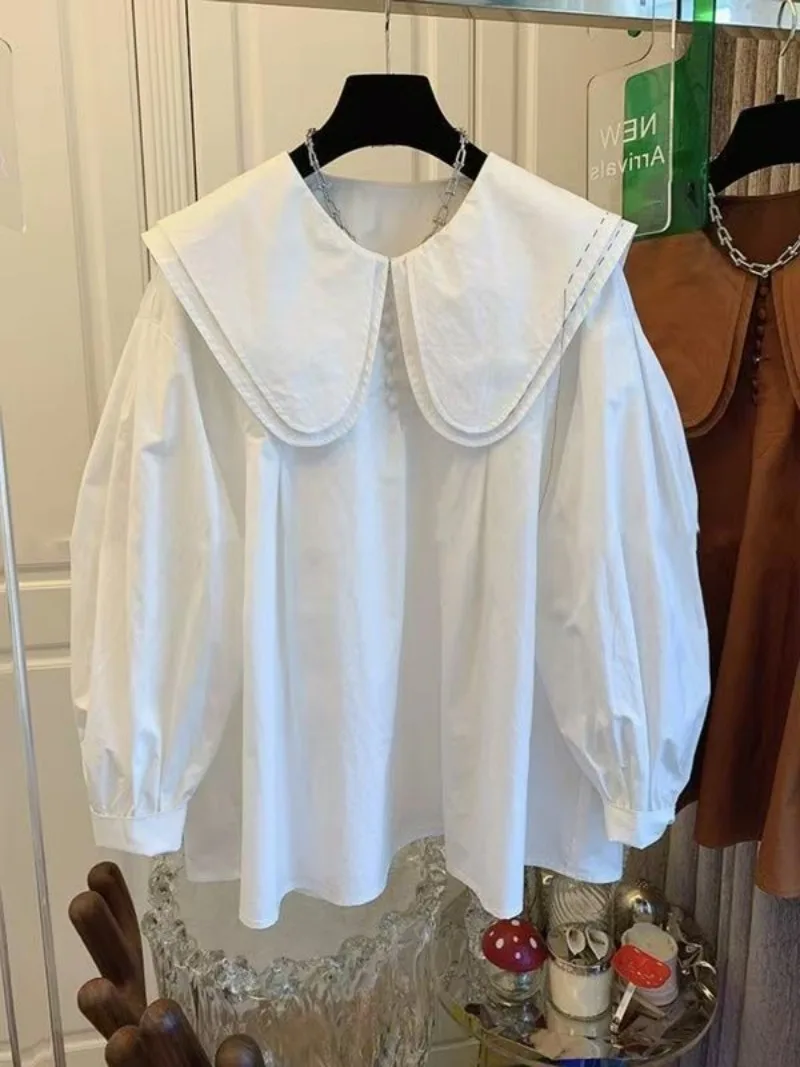 Tops holgados coreanos con cuello doble Peter Pan para mujer, camisas con mangas acampanadas, chaqueta, blusa informal para primavera y verano para niñas, novedad de 2025