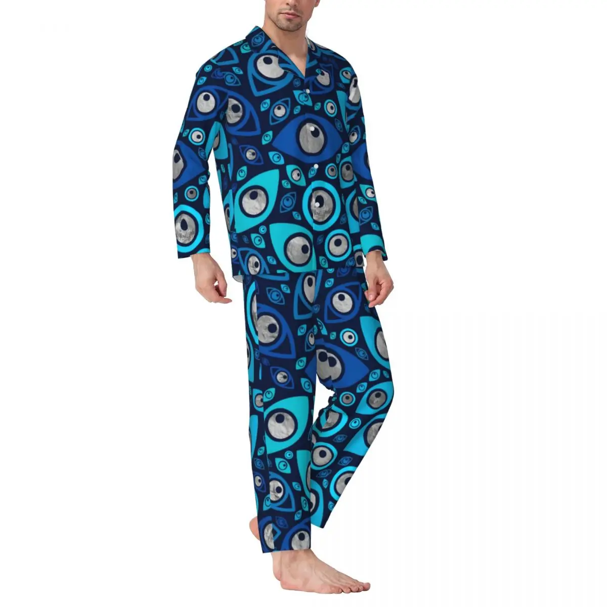 

Greek Evil Eye Print Pajama Sets Autumn Blues and Silver Fashion Bedroom Sleepwear Male 2 Piece Casual Oversize Custom Nightwear