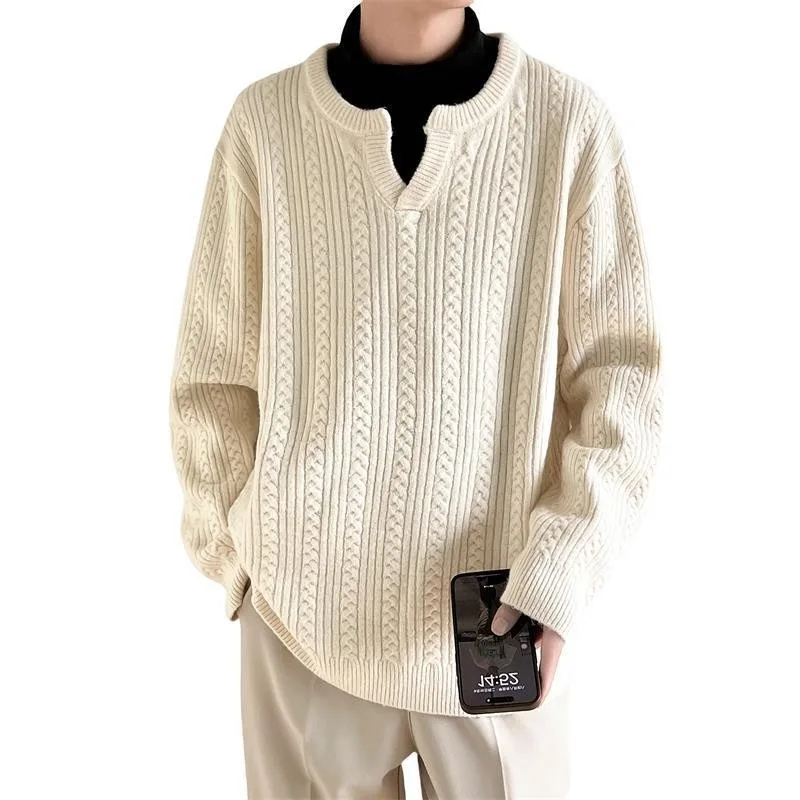 2025 Autunno Inverno Nuovi Uomini Piccolo Scollo a V Texture Jacquard Pullover Maglione Allentato Caldo Stile Pigro Moda Top