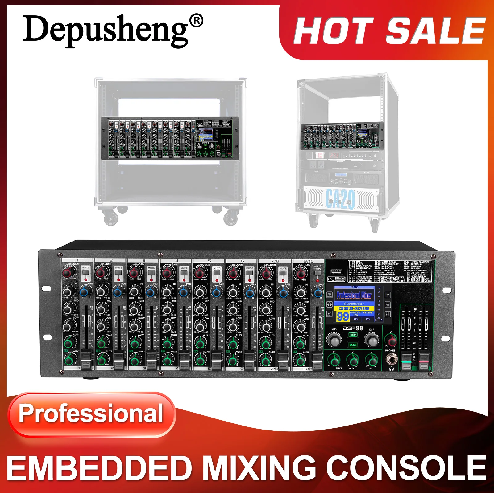 Professional 10-channel rack mixer, supporting Bluetooth wireless transmission, USB internal recording and 99 DSP reverberation