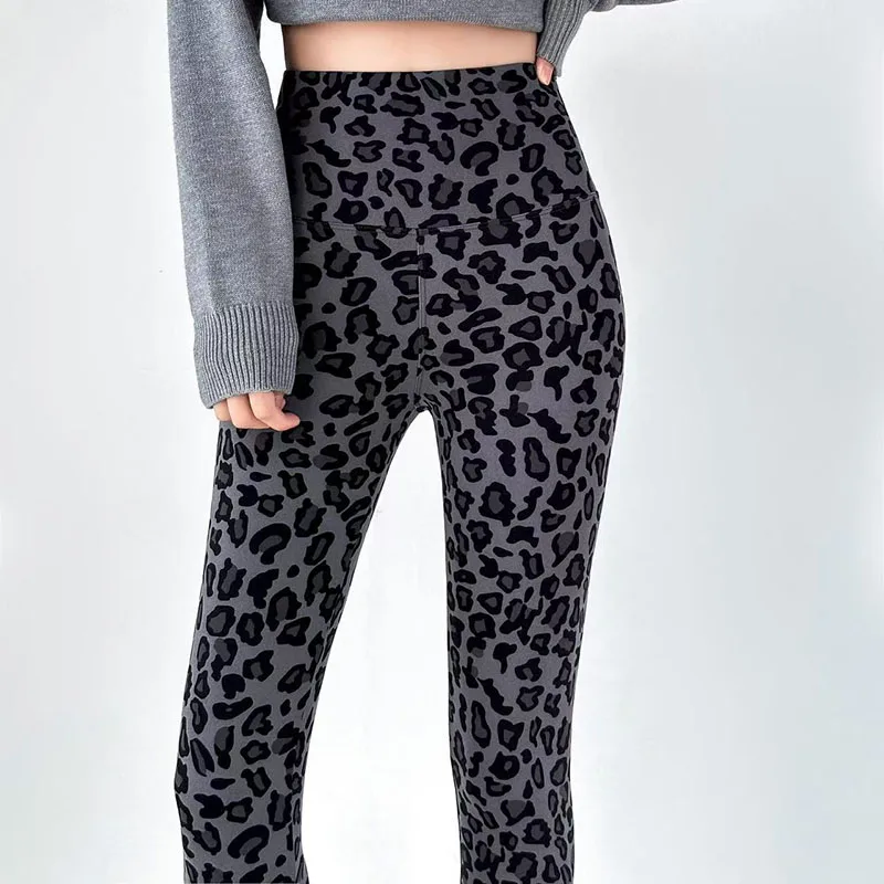 Leggings femininas de cintura alta de lã de leopardo para outono/inverno, calças lápis de fitness sexy