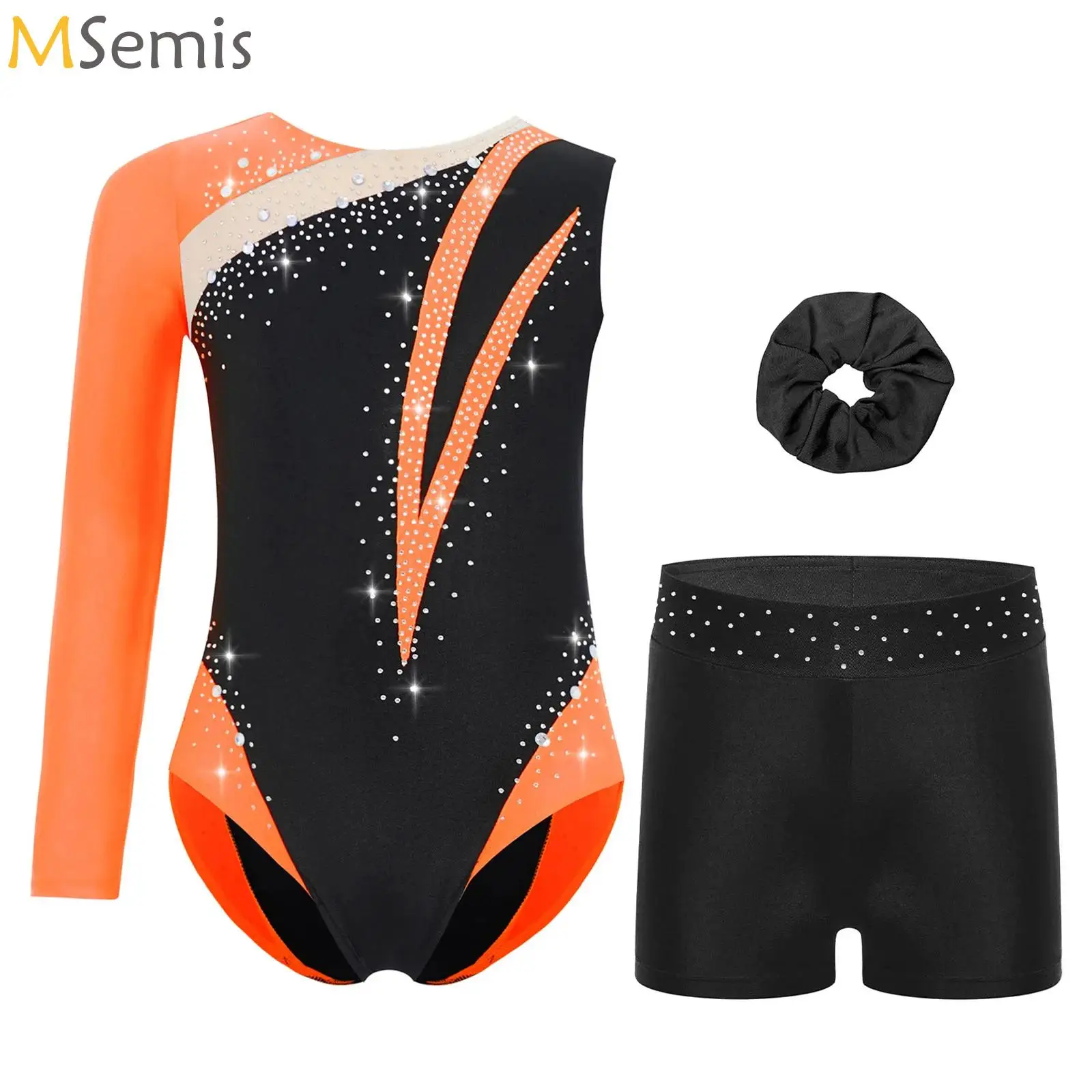 

Kids Girls Gymnastics Figure Skating Dance Leotard Long Sleeve Shiny Rhinestones Color Block Bodysuit+Shorts+Headwear Dancewear