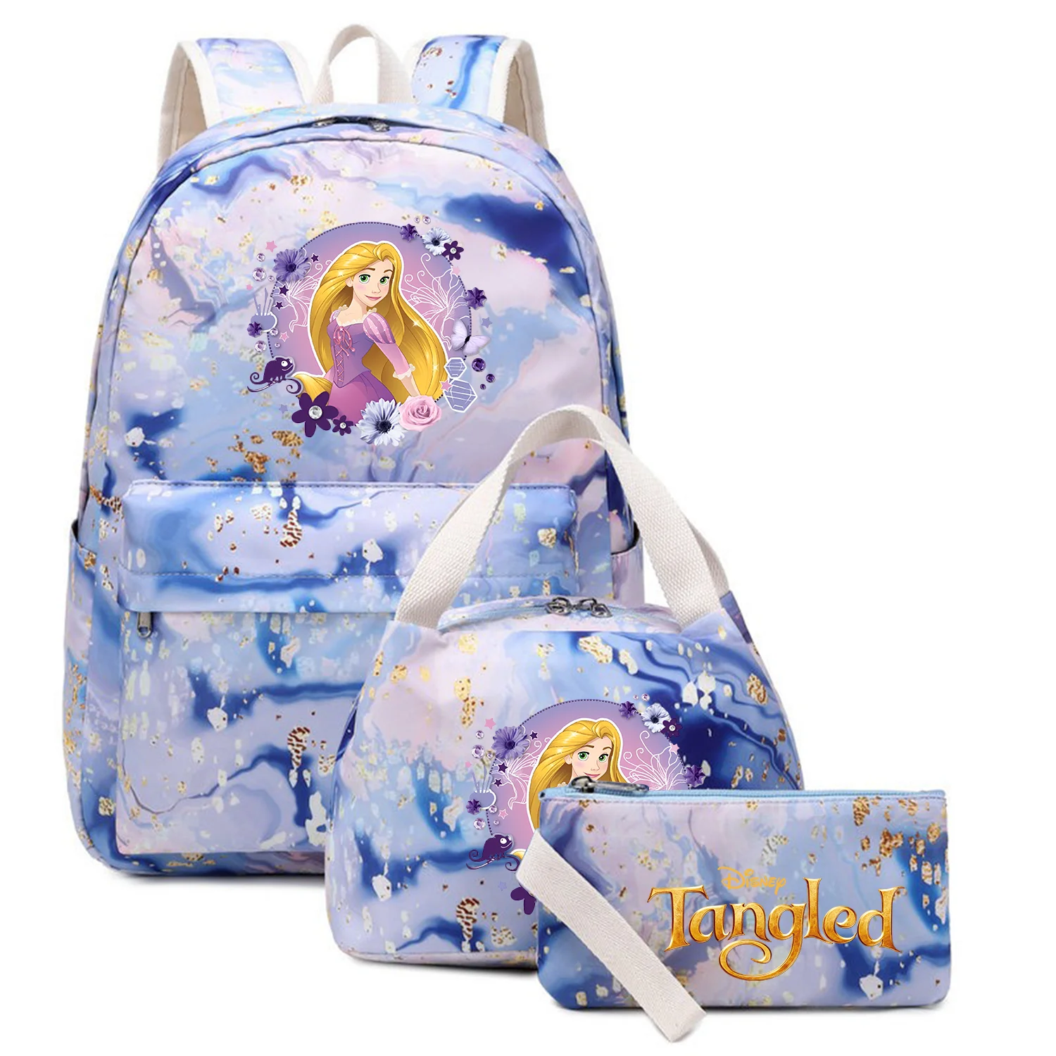 Mochila de princesa Rapunzel enredada para niños, bolsa de hombro doble, bolsa de viaje, capacidad para estudiantes, 3 unidades por juego