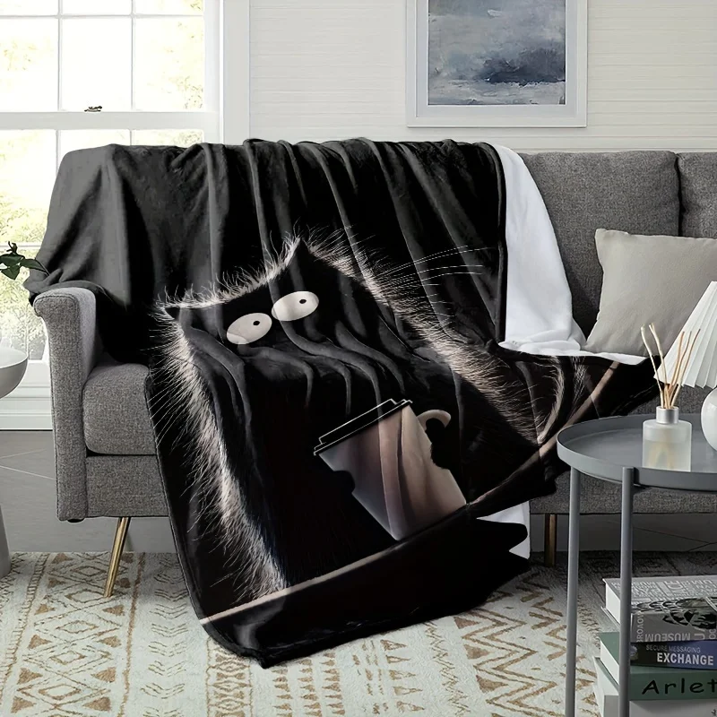 1pc Black Cat Print Flannel Blanket - Tear-Resistant, Reversible, All-Season Multi-Purpose Cover for Sofa, Camping, Travel, and