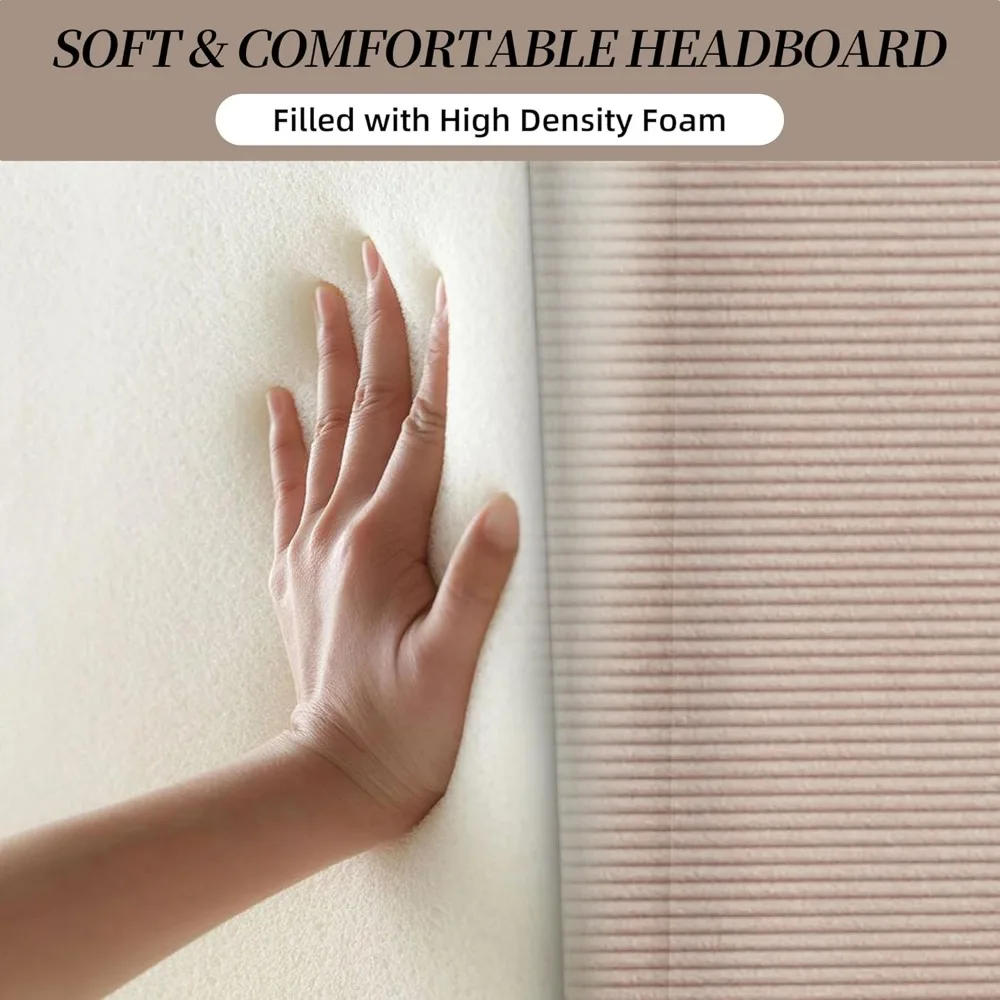 إطار سرير بمنصة منجدة بحجم كينج مع لوح رأسي حديث مجنح، إطار سرير سروال قصير مع مساحة تخزين سفلية، شرائح خشبية #4