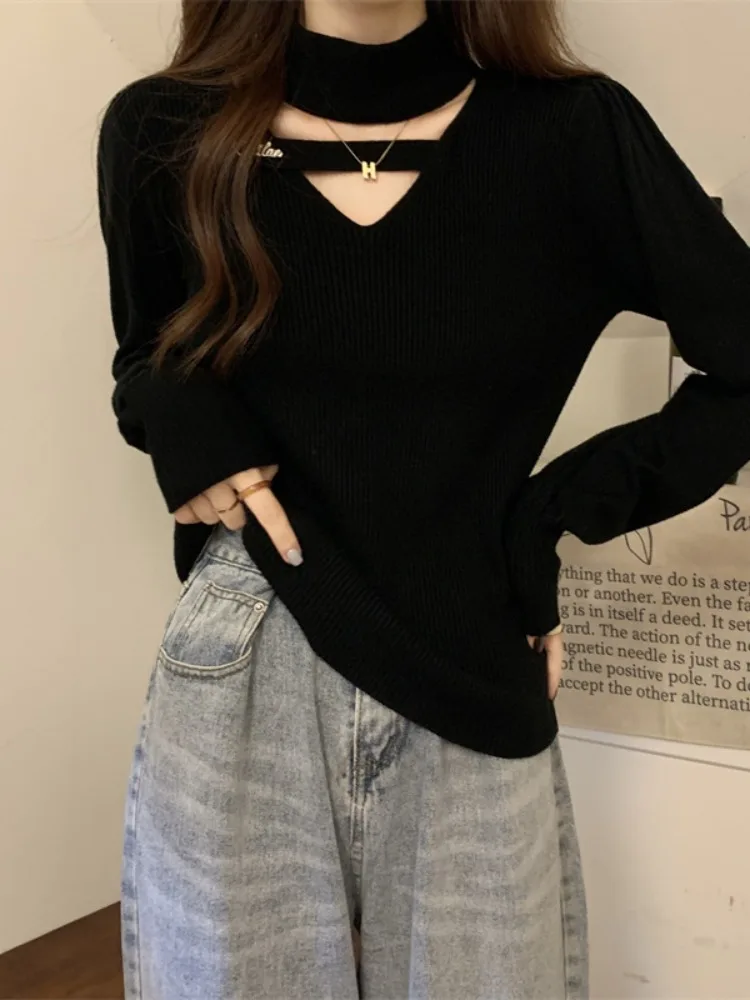 

Женский трикотажный топ больших размеров с высоким воротом, облегающий, повседневный, свободного кроя, с длинным рукавом, тонкой вязки, весенняя мода