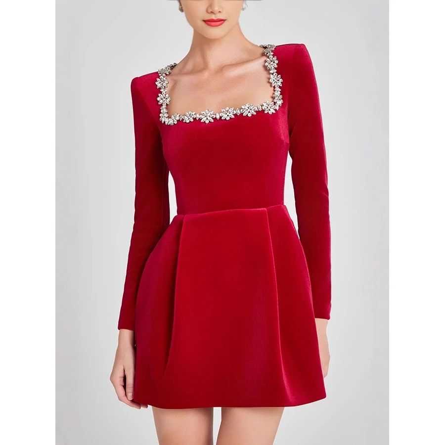 Ele ort Velvet Dr avec embellissement de diamants col carré Long Sve Midi Dr pour femme automne hiver Faion