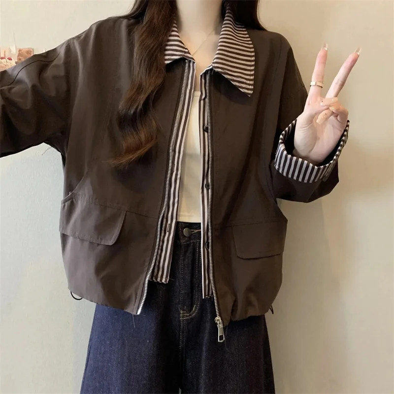 

Spring Autumn Feminine False Two-piece Tops Jacket Ladise Fashion Patchwork Short Outwear Korean Women Long Sleeves Casual Coat