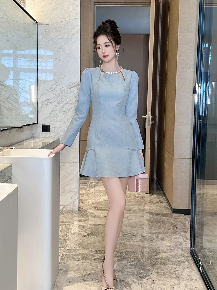 Autumn New Women's Clothing with Small Fragrant Style Diamond Round Neck Hollow Design Fishtail Dress