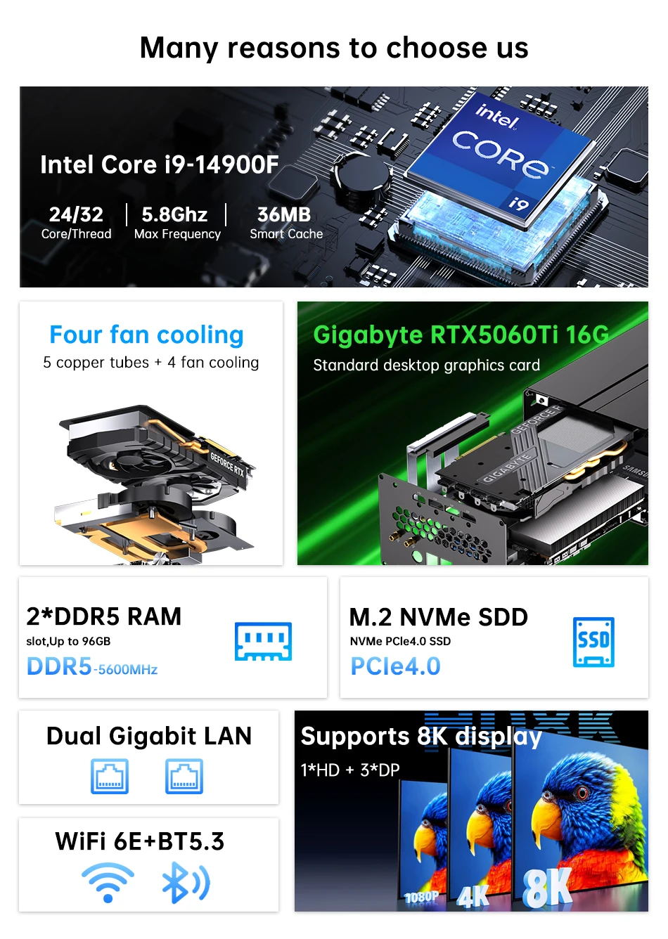 MSECORE Gaming Mini PC Intel Core I9-14900F RTX 5060 Ti 16G Dedicated Card Win11 DDR5 NVMe SSD WiFi6E BT5.3 8K Desktop Computer
