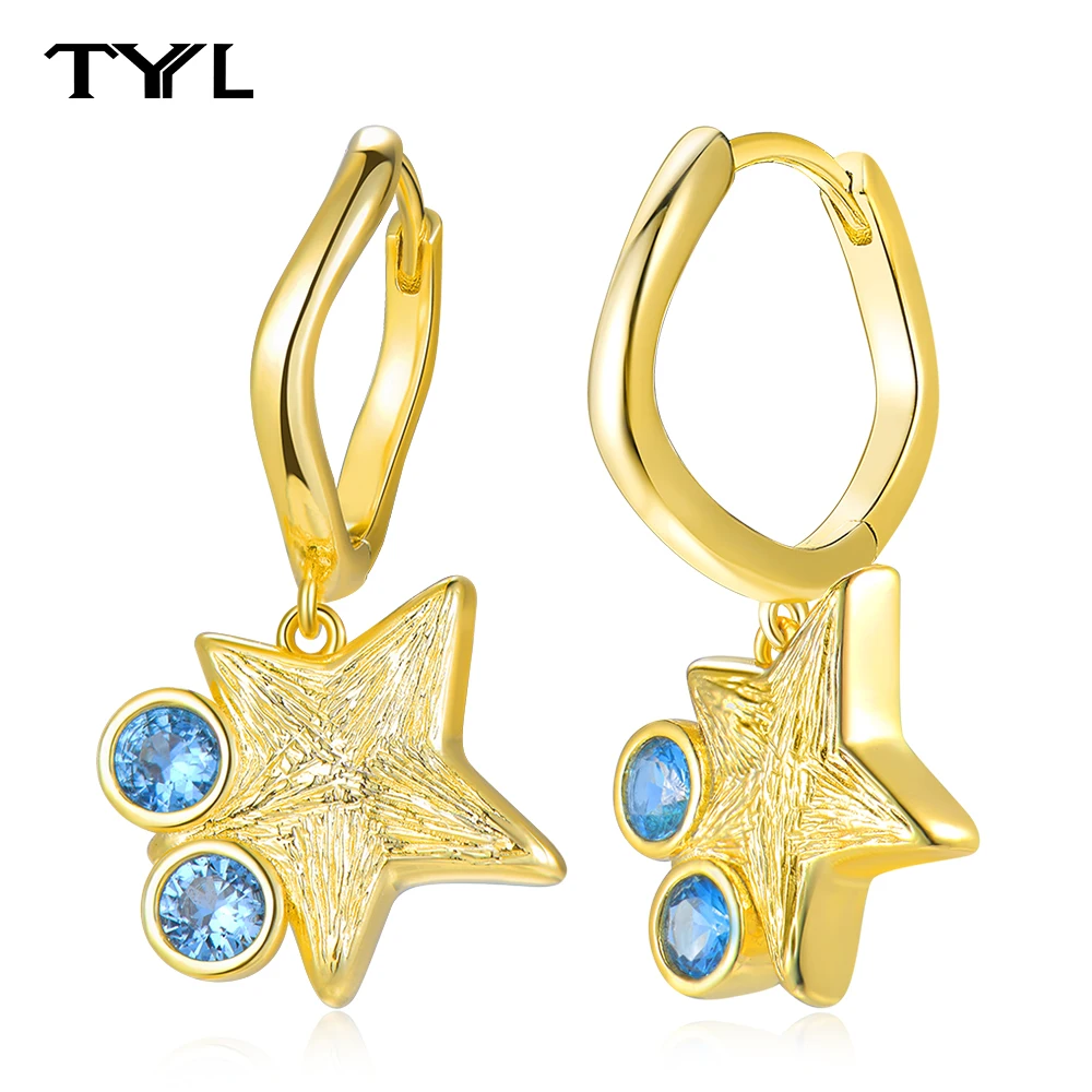 

TYYL Woman's New Jewelry Blue Zircon Star Drop Earrings for Women 18k Yellow Gold Plated Ear Hoop Unique Gorgeous Dangle Earring