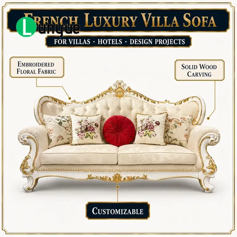 French Fabric Sofa Set 123 Luxury Solid Wood Embroidered Couch for Villa Estate Living Room Elegant Home Furniture