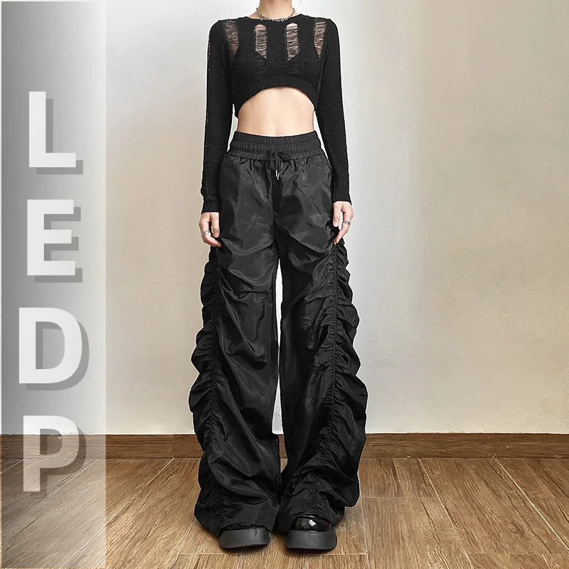 IMU European Hot Girls Loose Mopping High-waisted Pants Women's Design Folds Pleated Wide-leg Long Pants Punk Capris Black Versa