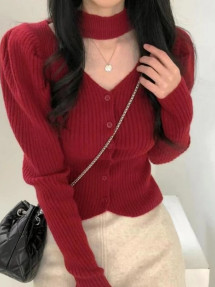 Single Breasted Elegant Sweaters Women Jumper Y2k Halter Crop Tops Slim Casual Knit Korean Fashion Pull Femme  Top Sueter