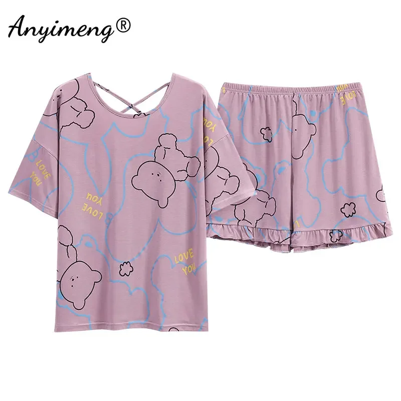 Plus Size Women Pajama Summer Shorts Soft Modal Moon Bear Printing Chic Design Sleepwear Lady\'s Lingerie Cool Pijama Nightwear