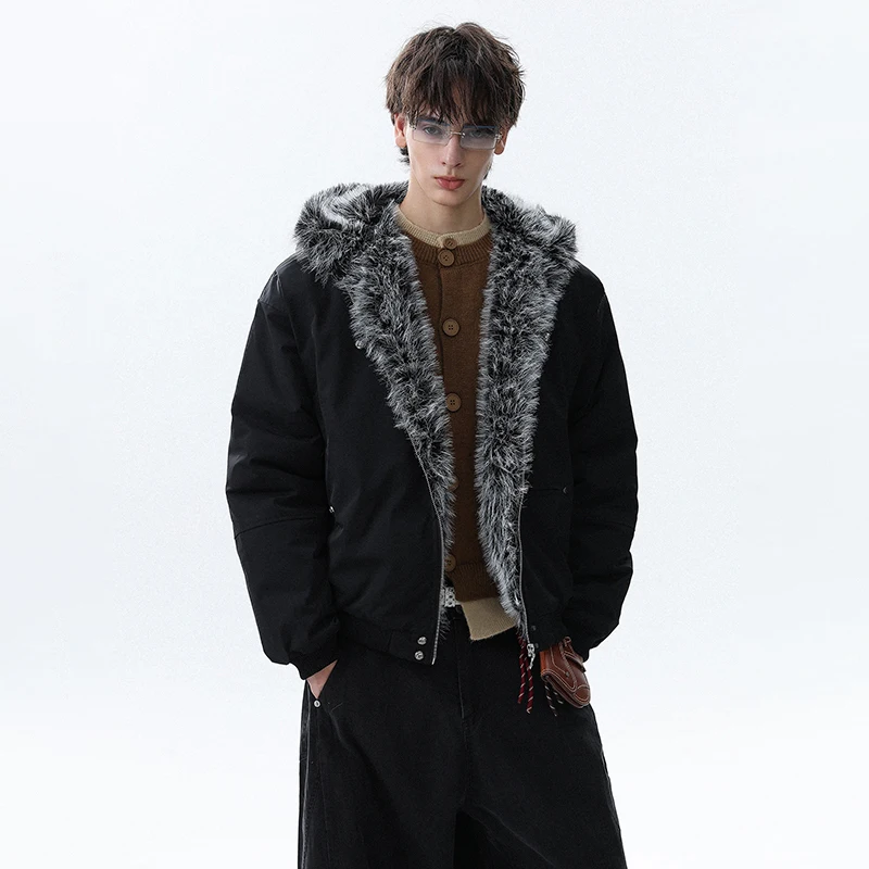 LUZHEN 2025 الشتاء أنيق فو الفراء المرقعة مقنعين سترة سترة الرجال بلون وسيم سميكة الدافئة معطف مبطّن JY5140