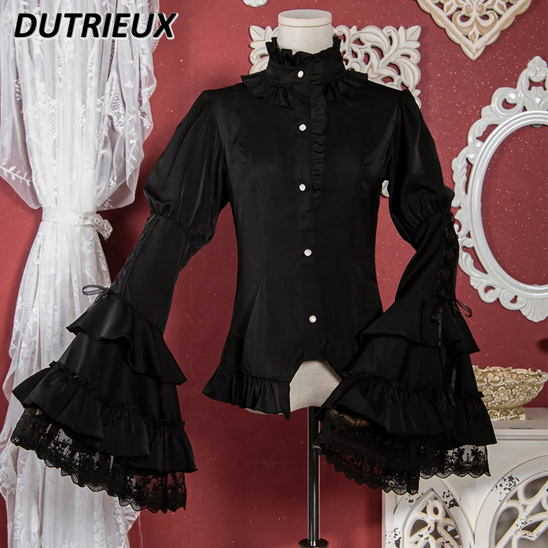 Japanese Lolita Inner Stand-up Collar Solid Color Top Gothic Long-sleeved Sweet Girls Single-breasted Slim-fit Versatile Shirt