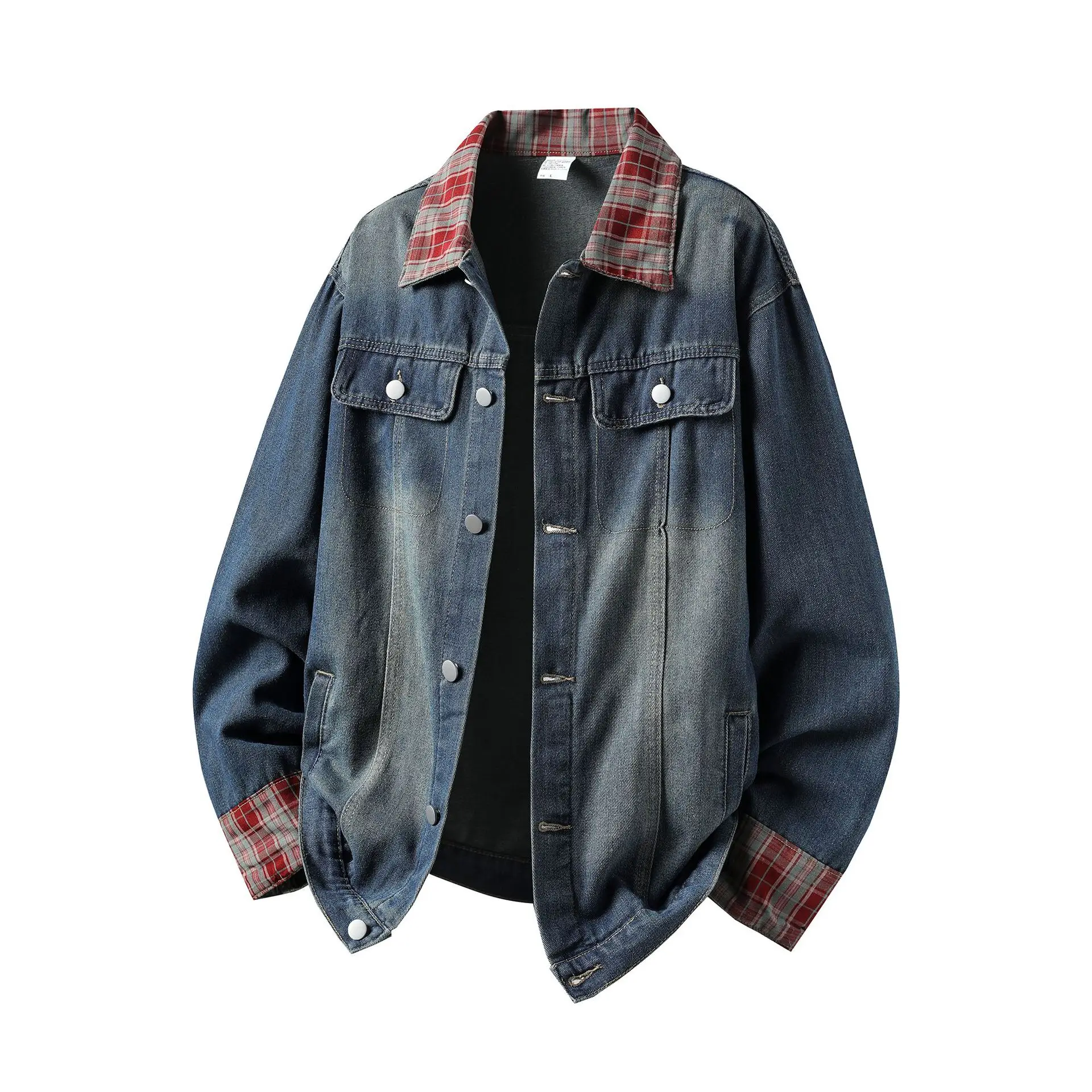 

Original Plaid Patchwork Jackets Denim Coats Street Wear Oversize Europe And America Washing Vintage Casual Men's Jeans Jacket