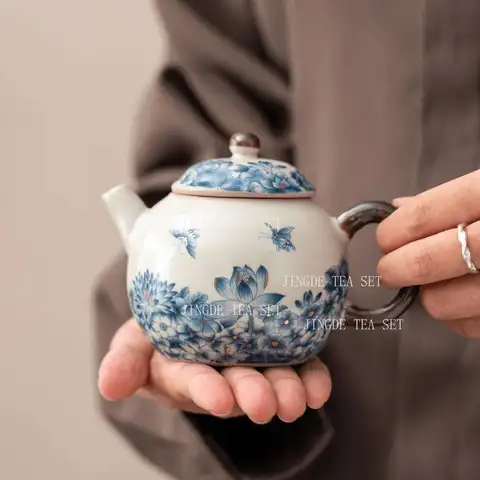 Ru Kiln Butterfly Love Flower Dragon Egg Teapot Chinese Household Ceramic Tea Pot with Sliced Tea Leaves Kung Fu Small Tea Set