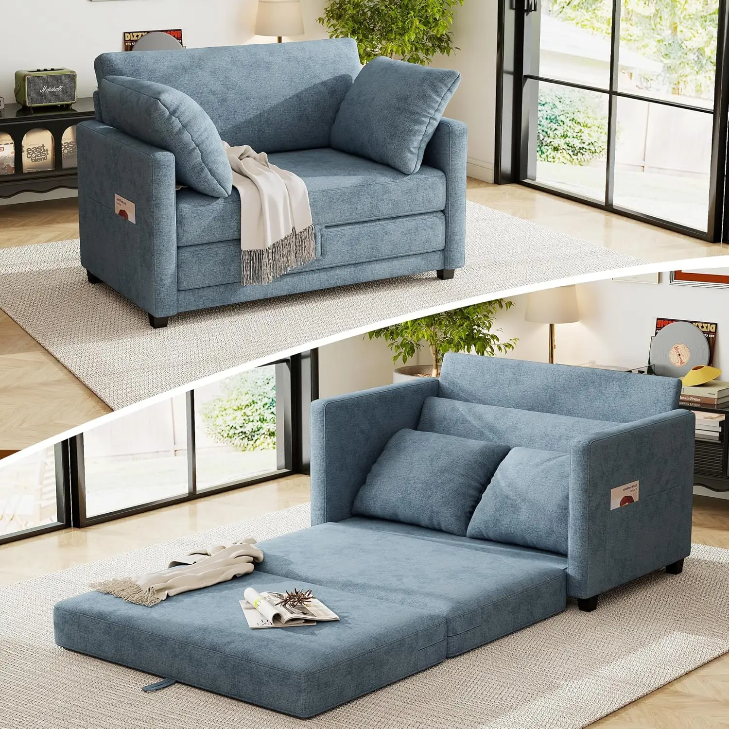 

51' Loveseat Sleeper Sofa Bed, Chenille Convertible Floor Sofa Bed for Small Spaces, Folding Couch