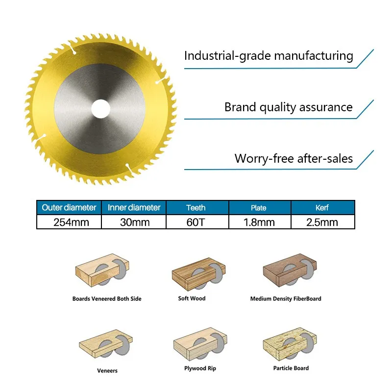 Cmcp 254Mm Snijgereedschap Cirkelzaagblad Disc 60 Tanden Tct Zaagblad Tin Coating Hout Snijden Disc Carbide zaagblad