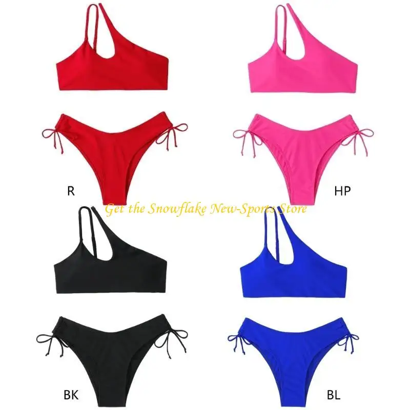 E56D damskie 2 szt. Stroje kąpielowe damskie jedno ramię zestaw dziewczęcy strój kąpielowy z wysokim stanem jednolite z
