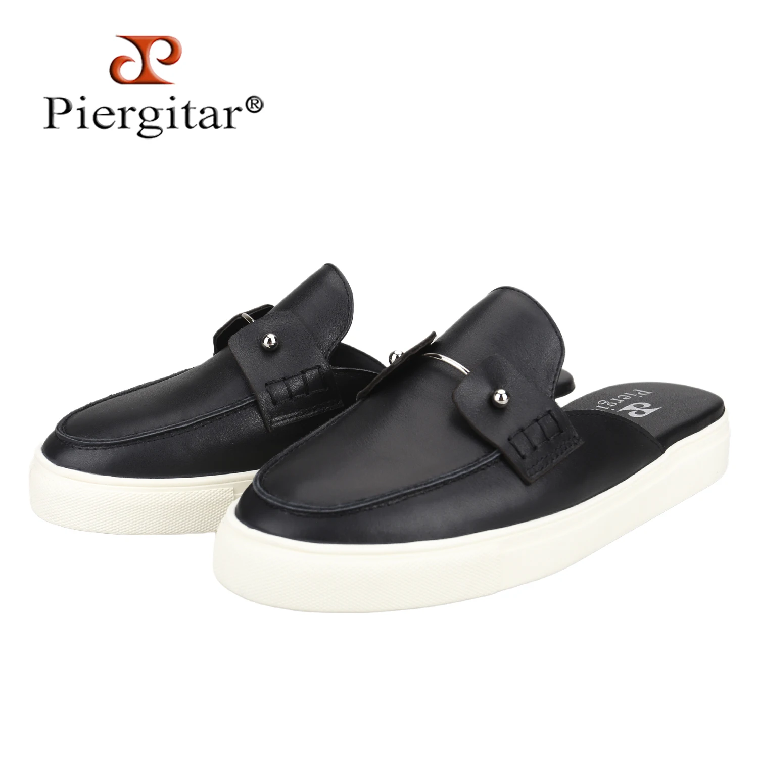 Piergitar Summer Elegance Style Black Reversed Calf Leather Open-Heel Boat Shoes With Metallic Collar Pin Handmade Men's Mules