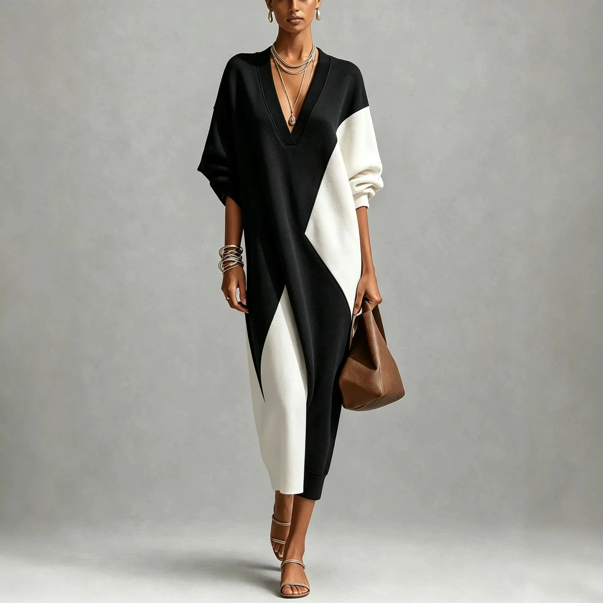XXOWENLI Elegant Women' Midi Dress Black White Colorblock V Neck Long Sleeve Loose Vestidos Autumn Winter Casual Ladies Dress