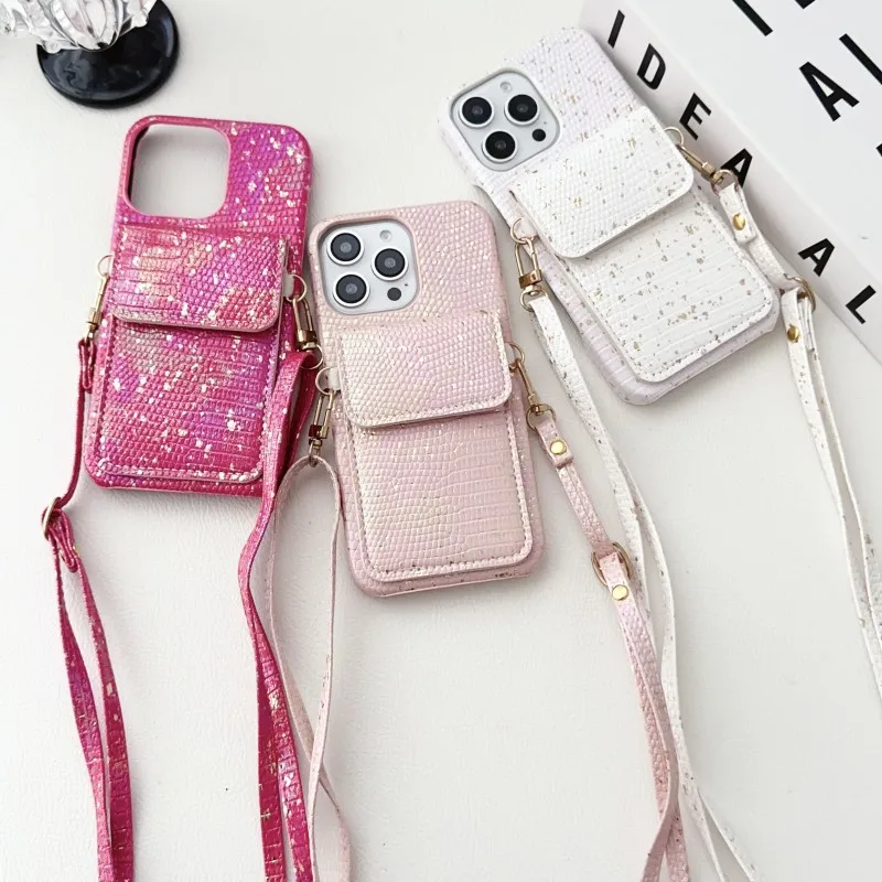 

Чехол-кошелек со шнурком для iPhone 16 15 14 Pro Max 11 12 13 15 Pro X XR XS 7 8 Plus, сумка через плечо с ремешком Crystal Lizard Design Cover