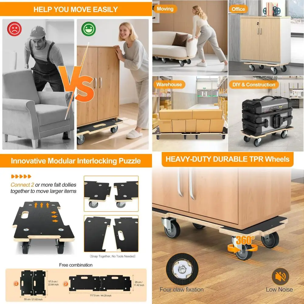 

Heavy-Duty 4-Wheel Foldable Hand Truck, 551LB Capacity, Plywood Base, Silent Wheels, Utility Cart for Luggage & Furniture (2 Pac