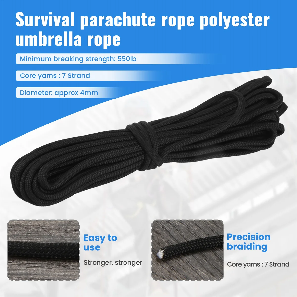 Paracord 550 Parachute Rope 7 Core Strand for Climbing Camping Buckle Rope Black 25FT XQ