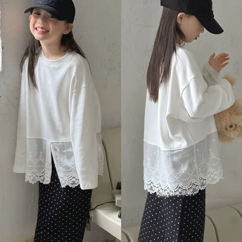 

Korean Children's Clothing Children's Round Neck T-shirt 2025 Spring and Autumn New Style Girls' Lace Lace Bottom Shirt Trend