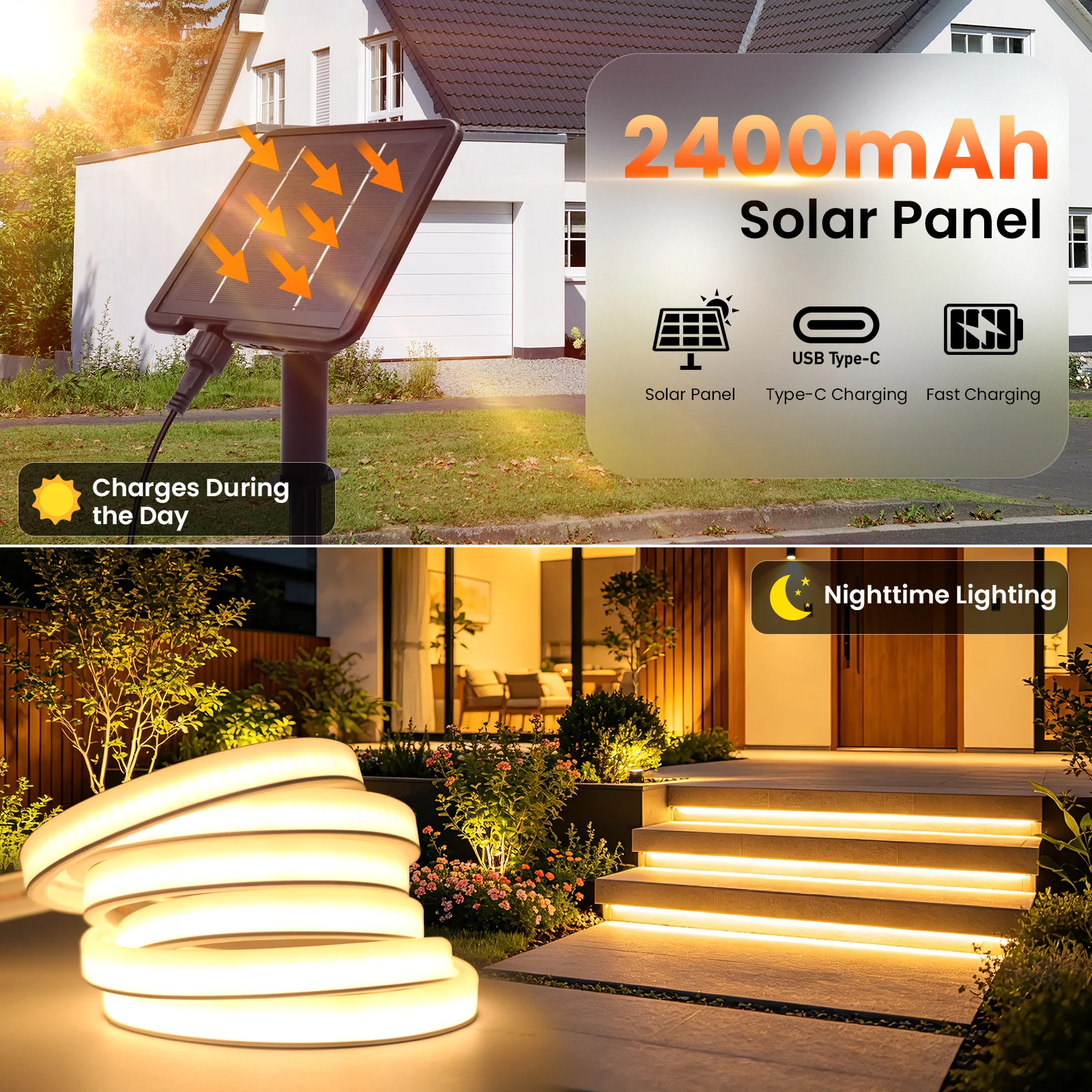 DC24V Solar COB Neon LED Strip 320LEDs/m Waterproof Flexible Silicone Rope Light Outdoor Yard Patio Home Garden Landscape Decor