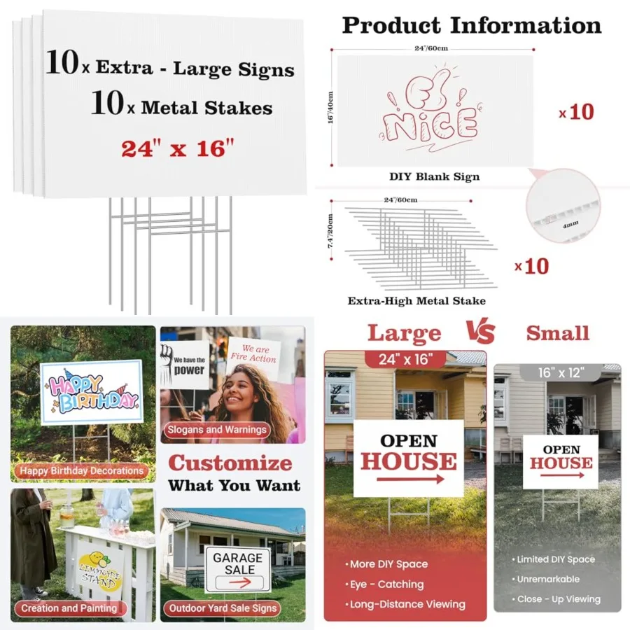

Blank Yard Signs with Stakes, 24 x 16 In Corrugated Plastic Custom Sign, Sturdy Stakes and Double-Sided, 10 Pack Large Sign for